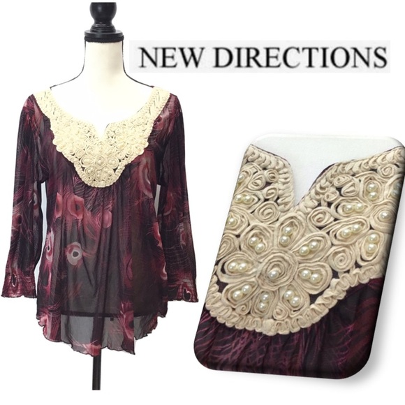 EUC New Directions Peacock Feather Print Beaded Blouse - Picture 1 of 10
